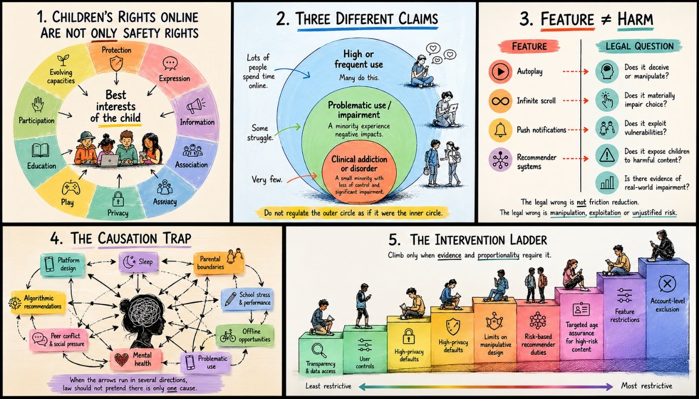 Five-panel overview of the article: children’s rights online, distinctions between high use and addiction, feature versus harm, the causation trap, and an intervention ladder.