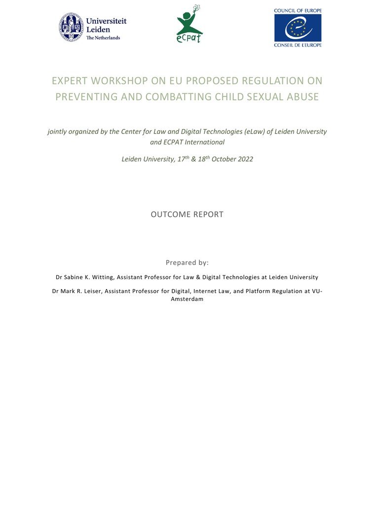 Cover of Outcome Report of 1st Expert Workshop on EU Proposed Regulation on Preventing and Combatting Child Sexual Abuse